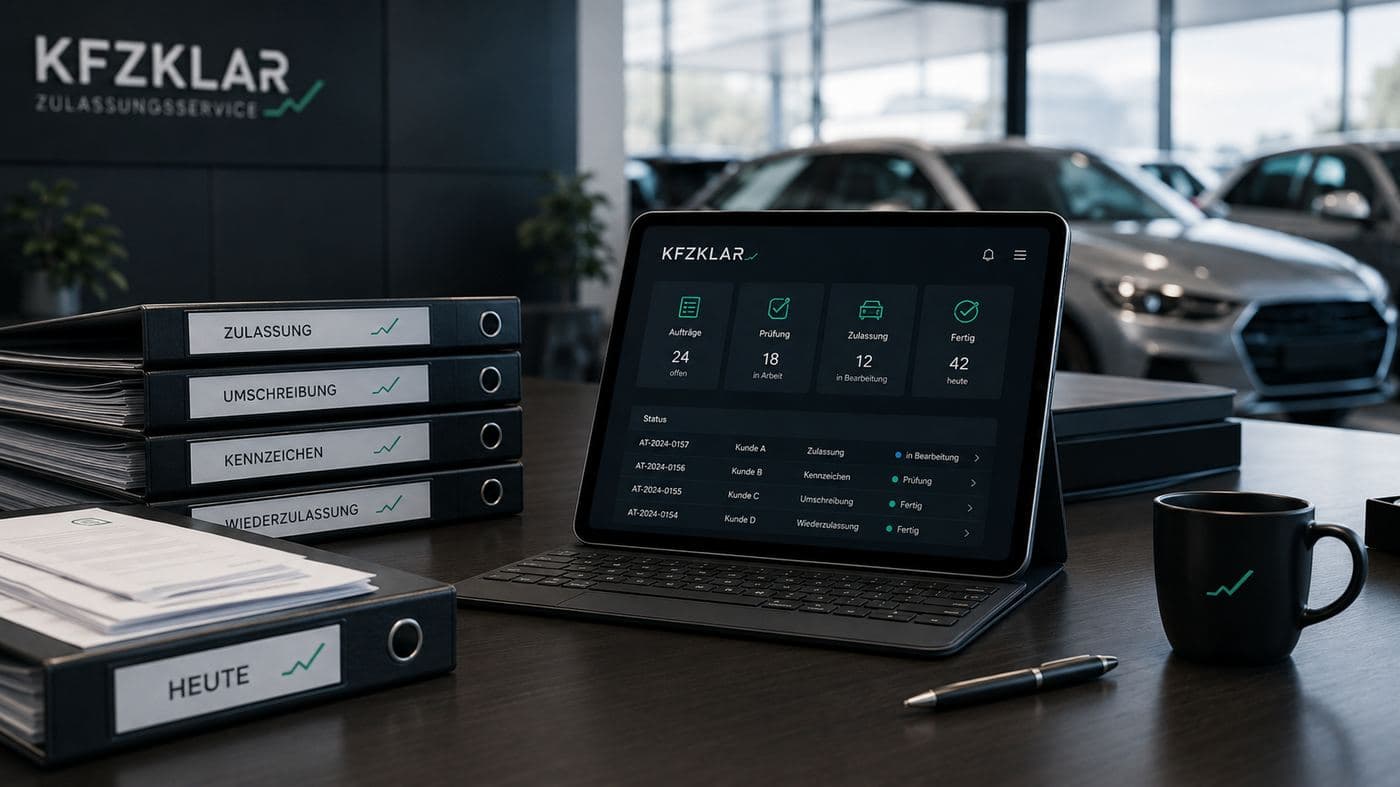 Tablet mit KfzKlar-Dashboard auf einem Schreibtisch im Autohaus