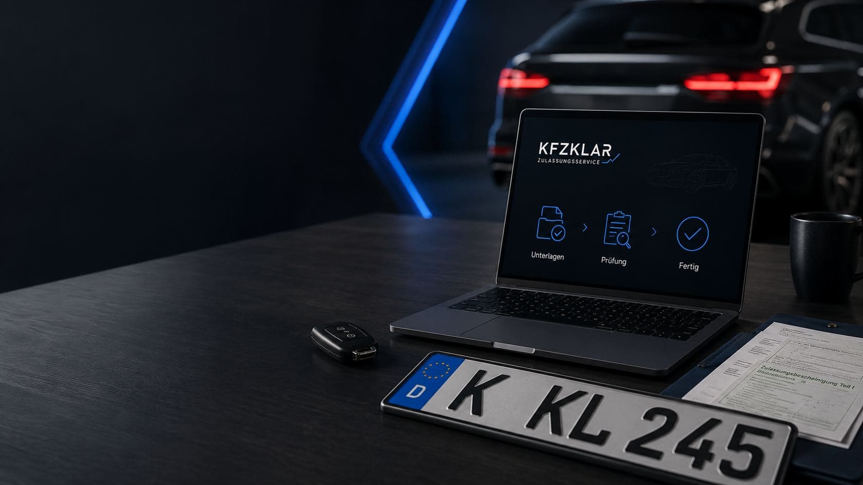 Laptop mit KfzKlar-Oberfläche neben einem Kfz-Kennzeichen auf dunklem Schreibtisch